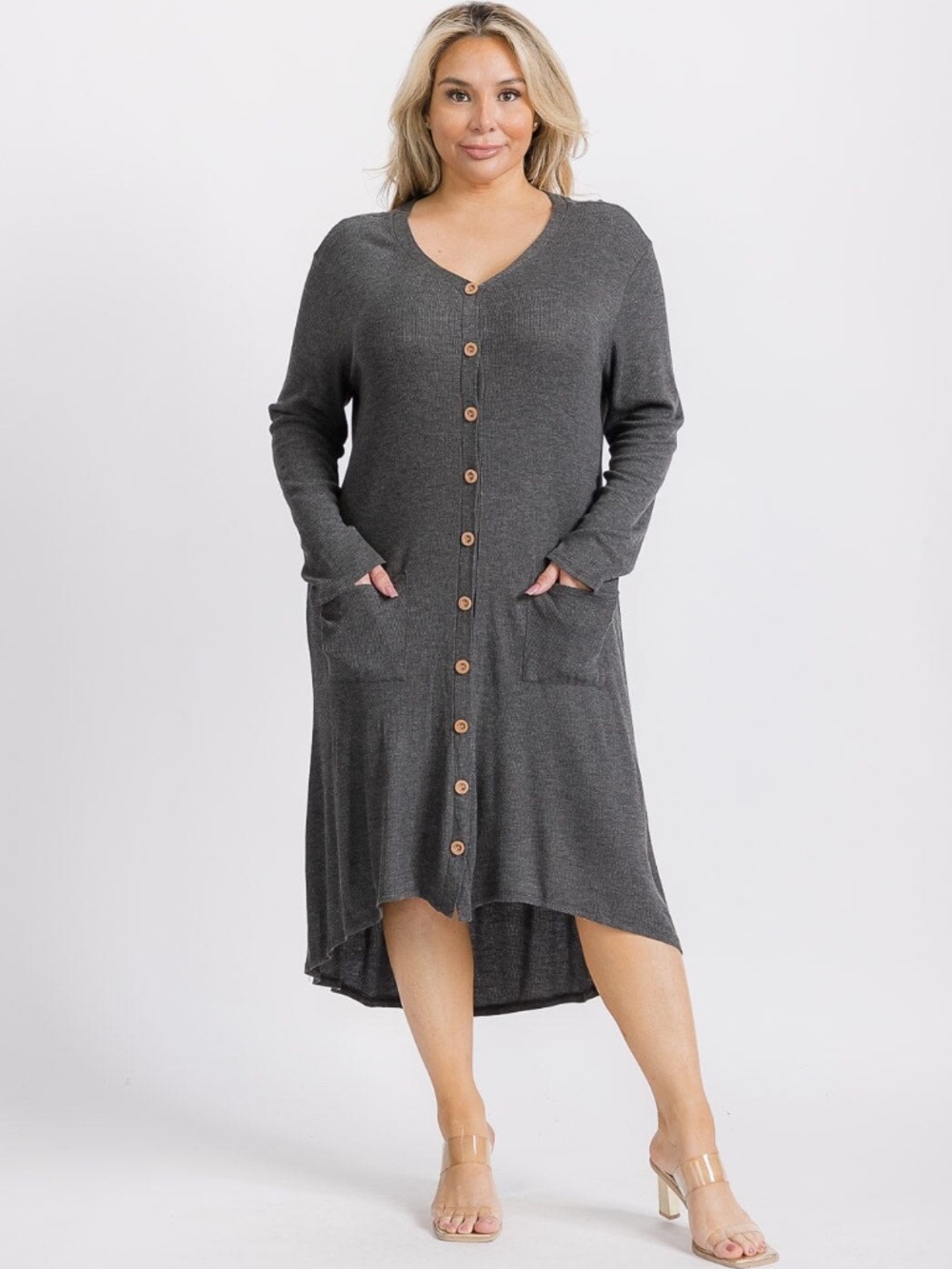 "Mittoshop" Plus Size Long Sleeve Button Up Front Pockets High Low Tunic Dress
